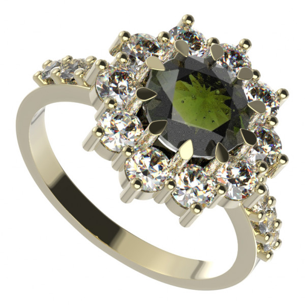 BG stříbrný prsten s vltavínem a kubickými zirkony pozlaceno 011Z