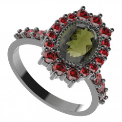 BG stříbrný prsten s kameny čs. granát a vltavín rhutenium 250