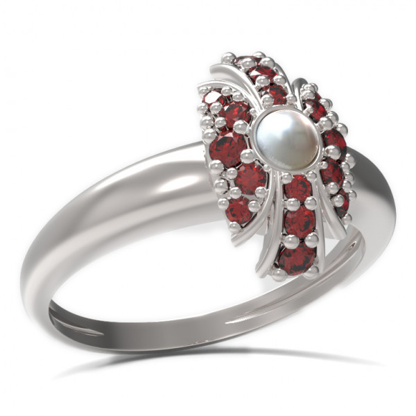 BG stříbrný prsten přírodní perla a granáty porhodiováno 537I