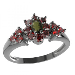 BG stříbrný prsten s přírodním granátem a vltavínem rhutenium 627