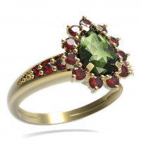 BG zlatý prsten osázen kameny: granát a vltavín   509