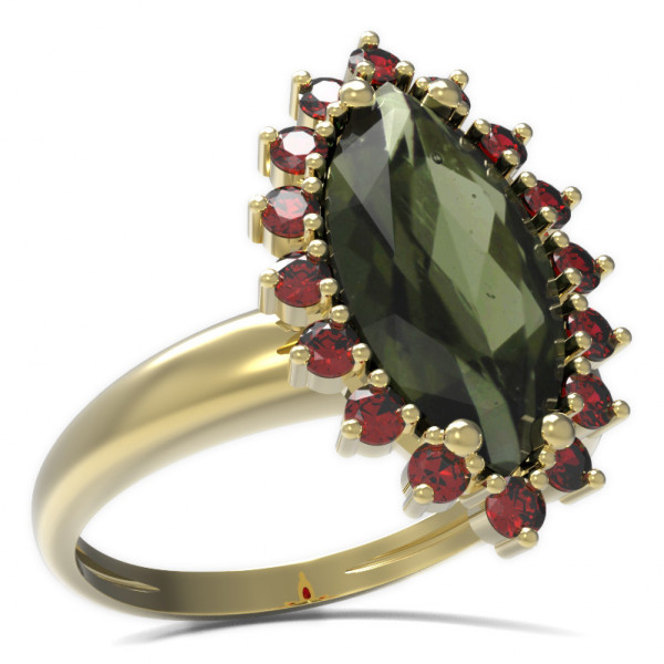 BG zlatý prsten s kameny: český granát a vltavín   513