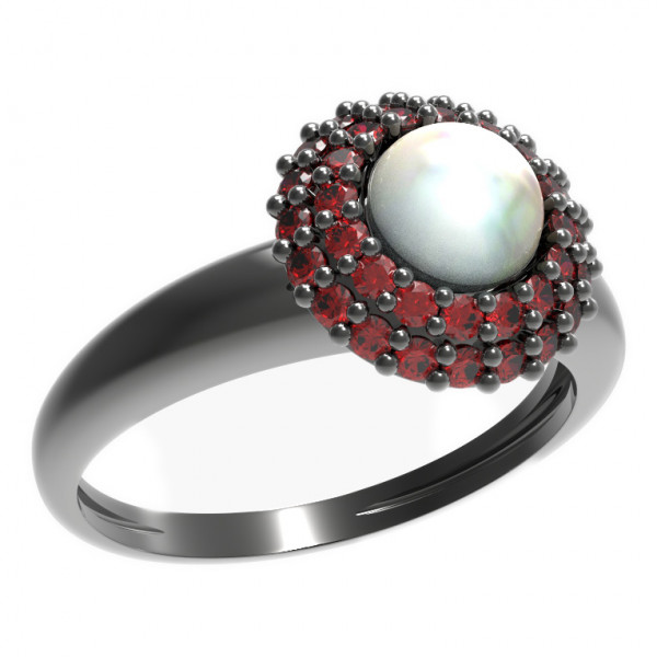 BG stříbrný prsten přírodní perla a granáty rhutenium 540I