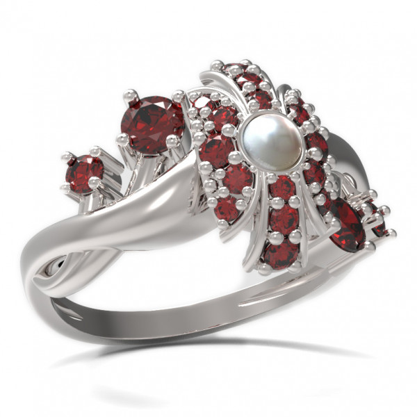 BG stříbrný prsten vsazena perla a granáty porhodiováno 537P