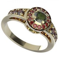 BG zlatý prsten s kameny čs. granát a vltavín   651