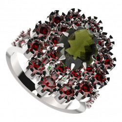 BG stříbrný prsten s kameny: český granát a vltavín porhodiováno 280
