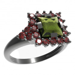 BG stříbrný prsten s přírodním granátem a vltavínem rhutenium 499