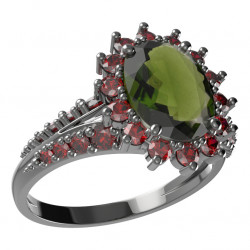 BG stříbrný prsten s přírodním granátem a vltavínem rhutenium 516