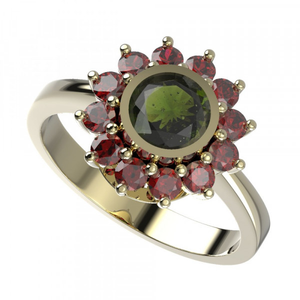 BG zlatý prsten s kameny čs. granát a vltavín   946