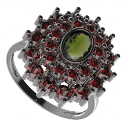 BG stříbrný prsten s přírodním granátem a vltavínem rhutenium 021