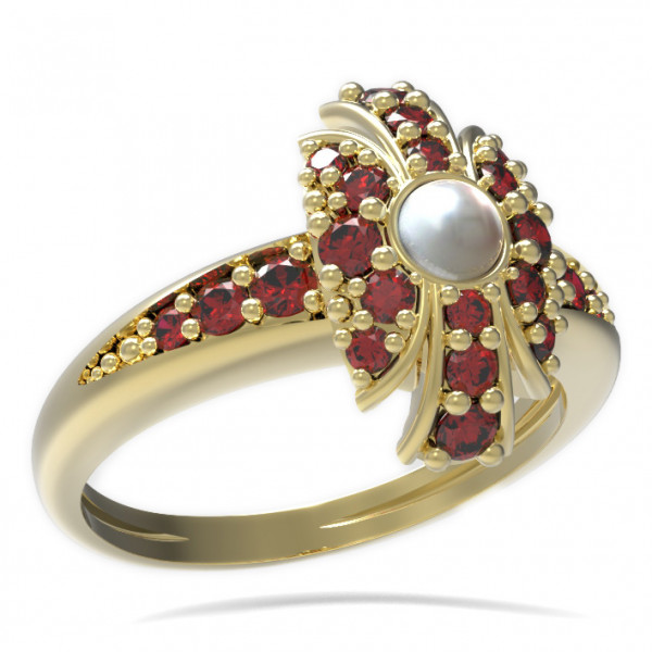 BG zlatý prsten osázen-bílá perla a granáty   537J