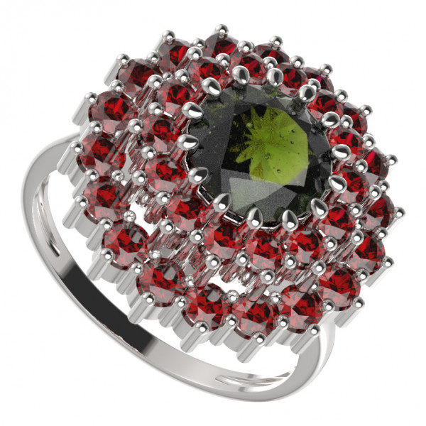 BG stříbrný prsten vybroušený granát a vltavín porhodiováno 457