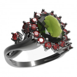 BG stříbrný prsten s kameny čs. granát a vltavín rhutenium 516