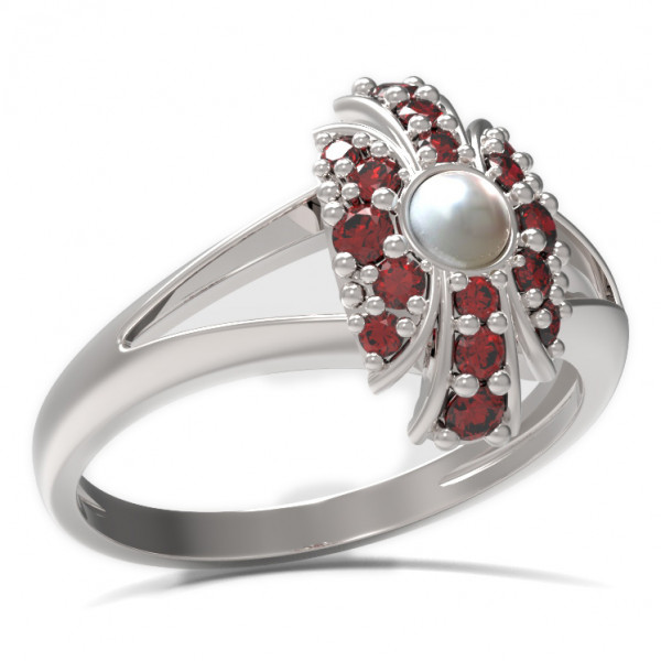 BG stříbrný prsten s přírodní perlou a granáty porhodiováno 537V