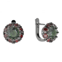 Серьги - модель JBS 472 чернёное серебро (рутений) с молдавитом и гранатом