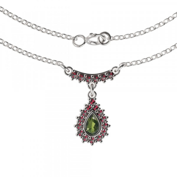 BG stříbrný náhrdelník vybroušený granát a vltavín porhodiováno 053