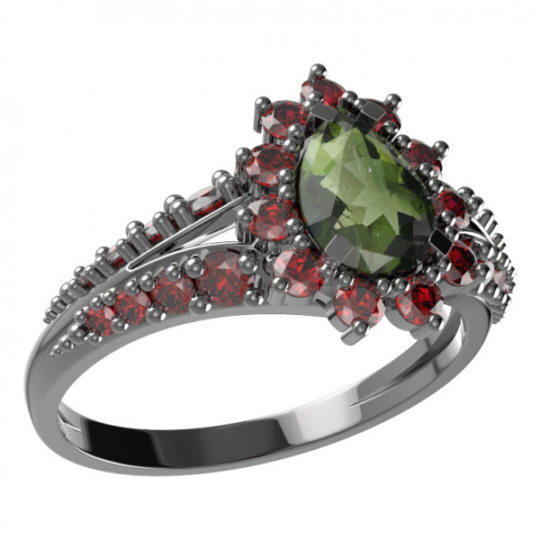BG stříbrný prsten s přírodním granátem a vltavínem rhutenium 509