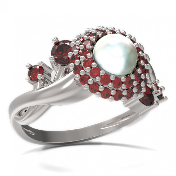 BG stříbrný prsten s přírodní perlou a granáty porhodiováno 540