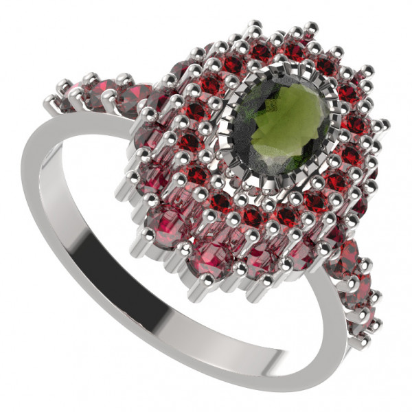 BG stříbrný prsten s přírodním granátem a vltavínem porhodiováno 243