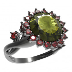 BG stříbrný prsten s kameny čs. granát a vltavín rhutenium 512
