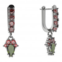 Серьги - модель JBS 258 чернёное серебро (рутений) с молдавитом и гранатом
