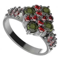 BG stříbrný prsten s přírodním granátem a vltavínem rhutenium 317