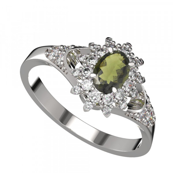 BG zlatý prsten s kameny: diamant a vltavín bílé zlato 976