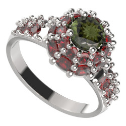 BG stříbrný prsten s kameny čs. granát a vltavín porhodiováno 751