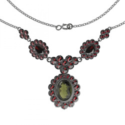 BG stříbrný náhrdelník s kameny čs. granát a vltavín rhutenium 515