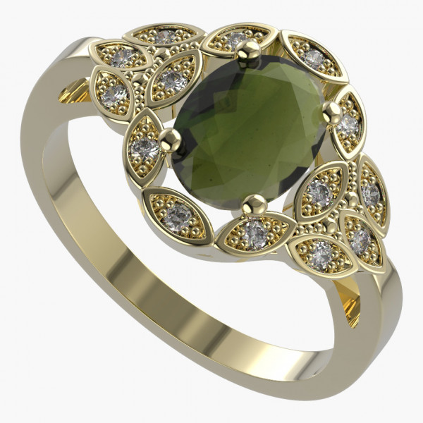 BG stříbrný prsten vsazeny vltavín a kubický zirkon pozlaceno 961I