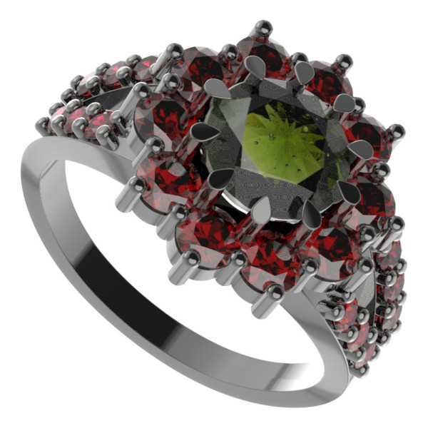 BG stříbrný prsten osázen kameny: granát a vltavín rhutenium 011