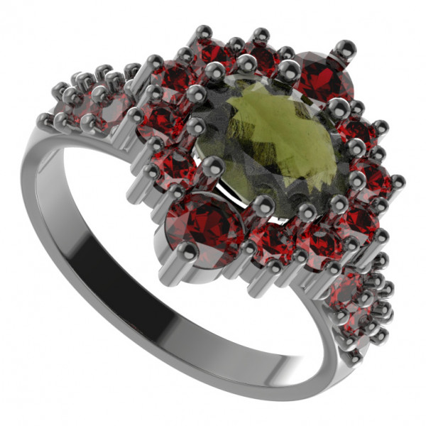 BG stříbrný prsten osázen kameny: granát a vltavín rhutenium 224