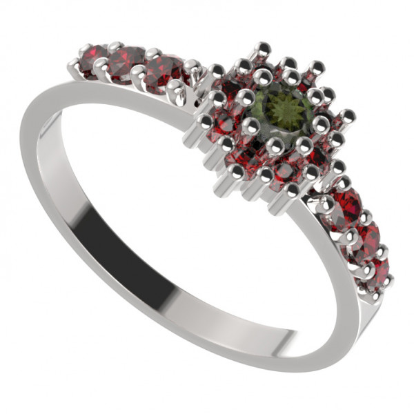 BG stříbrný prsten s přírodním granátem a vltavínem porhodiováno 320