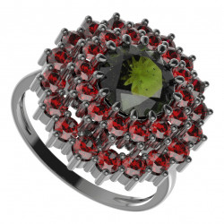 BG stříbrný prsten s přírodním granátem a vltavínem rhutenium 457