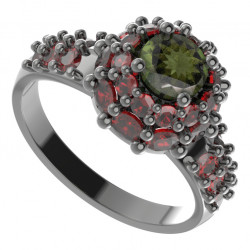 BG stříbrný prsten s kameny čs. granát a vltavín rhutenium 751