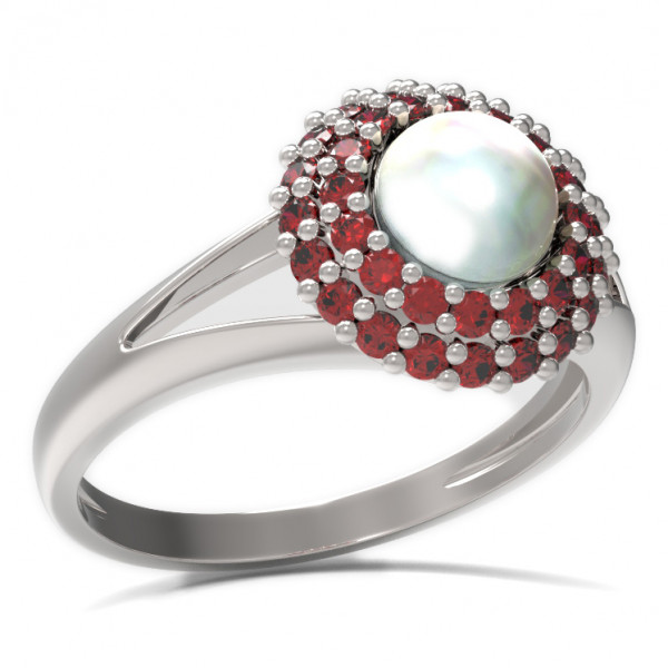 BG stříbrný prsten osázen-bílá perla a granáty porhodiováno 540V