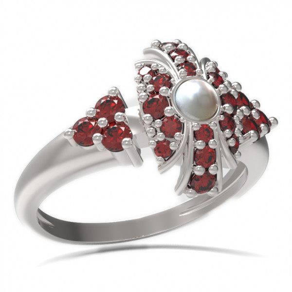 BG stříbrný prsten přírodní perla a granáty porhodiováno 537U
