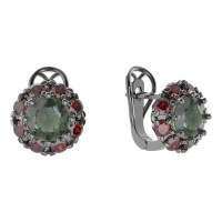 Серьги - модель JBS 472 чернёное серебро (рутений) с молдавитом и гранатом