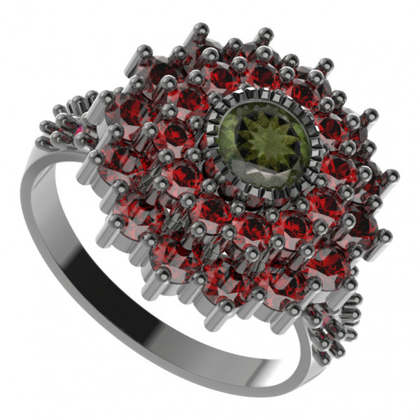 BG stříbrný prsten s přírodním granátem a vltavínem rhutenium 004
