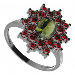 BG stříbrný prsten s kameny čs. granát a vltavín rhutenium 249