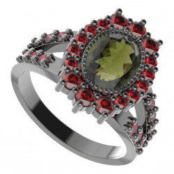 BG stříbrný prsten s kameny čs. granát a vltavín rhutenium 250