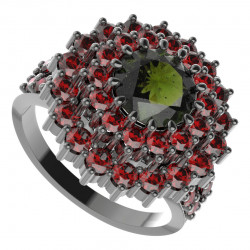 BG stříbrný prsten s kameny čs. granát a vltavín rhutenium 457