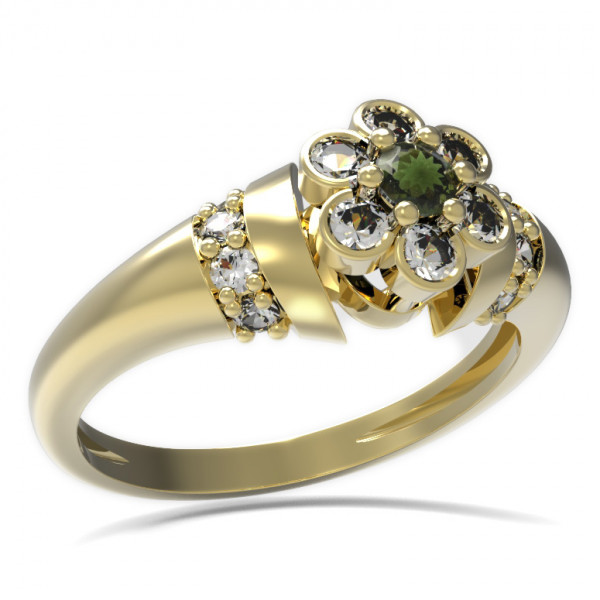 BG zlatý prsten vsazený vltavín a kubický zirkon   518K