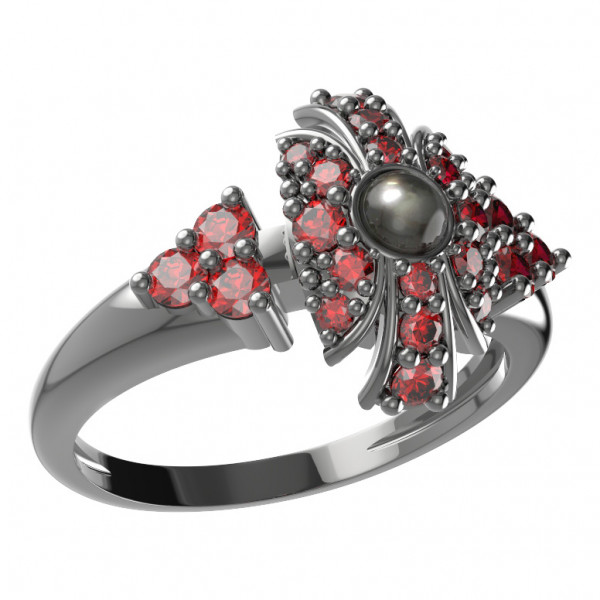 BG stříbrný prsten s přírodní perlou a granáty rhutenium 537U