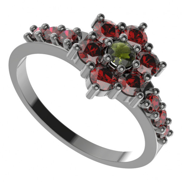 BG stříbrný prsten s granátem a vltavínem rhutenium 002