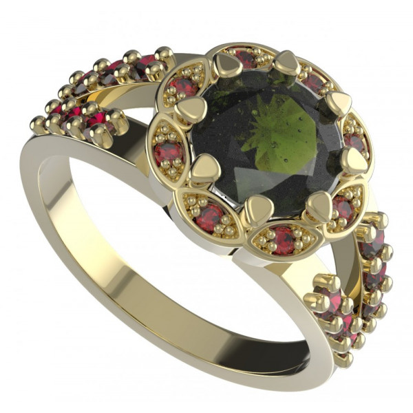 BG zlatý prsten osázen kameny: granát a vltavín   993