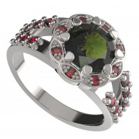 BG stříbrný prsten s přírodním granátem a vltavínem porhodiováno 993