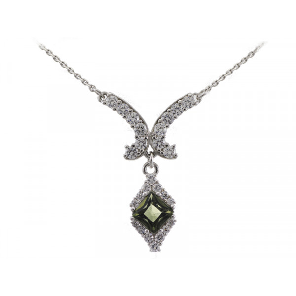 BG stříbrný náhrdelník s vltavínem a kubickými zirkony porhodiováno 426