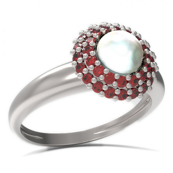 BG stříbrný prsten vsazena perla a granáty porhodiováno 540I