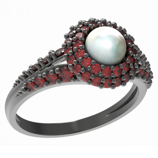 BG stříbrný prsten vsazena perla a granáty rhutenium 540